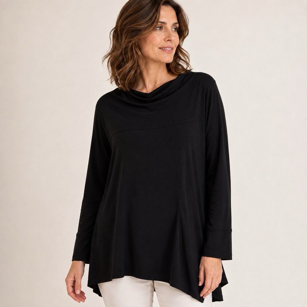 Liv by Habitat XL Cowlneck Slinky Knit Tunic Black Pockets Asymmetrical Hem